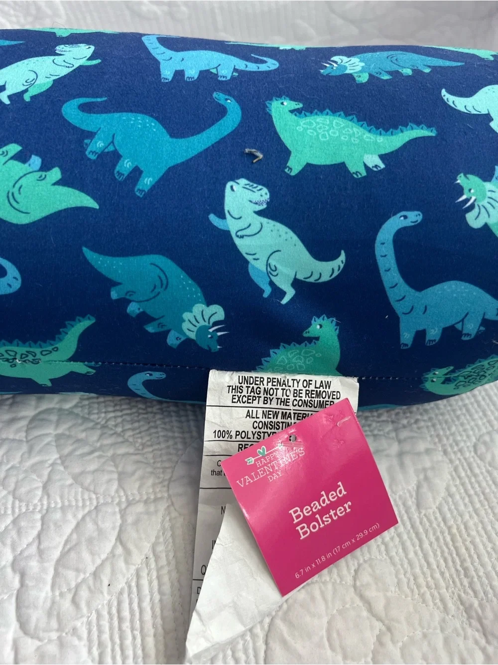 Beaded Bolster Pillow For Kids- Blue Dinosaur design 6.7” x 11.8”